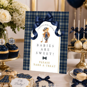 Plaid Polo Golf Teddy Bear Baby Shower Pedestal Sign