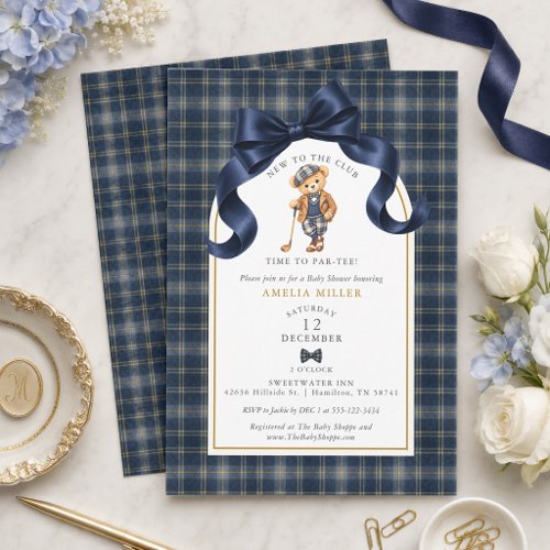 Plaid Polo Golf Teddy Bear Par-tee Baby Shower Invitation