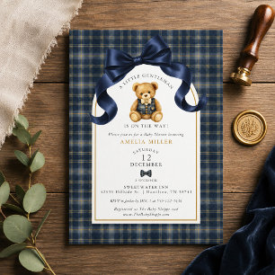 Plaid Polo Teddy Bear Little Gentleman Baby Shower Invitation