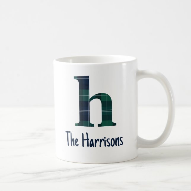 Plaid Print Lowercase Letter h Initial and Name Coffee Mug (Right)