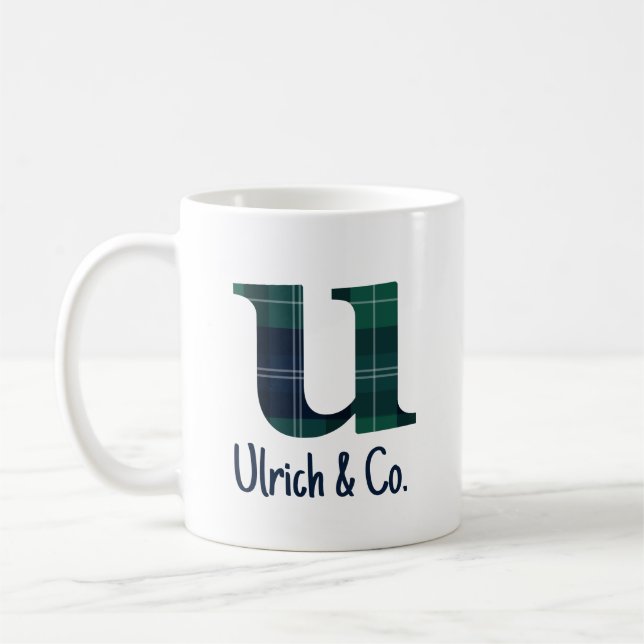 Plaid Print Lowercase Letter u Initial and Name Coffee Mug (Left)