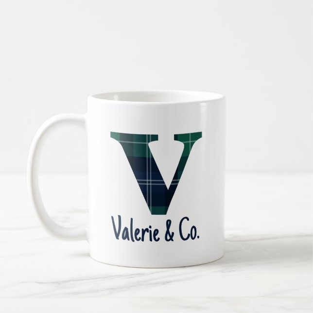 Plaid Print Lowercase Letter v Initial and Name Coffee Mug (Left)