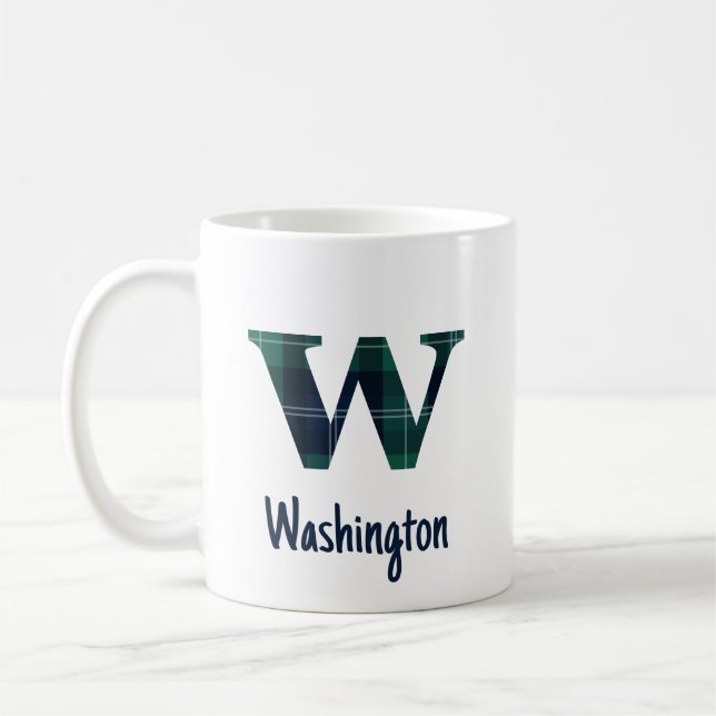 Plaid Print Lowercase Letter w Initial and Name Coffee Mug (Left)