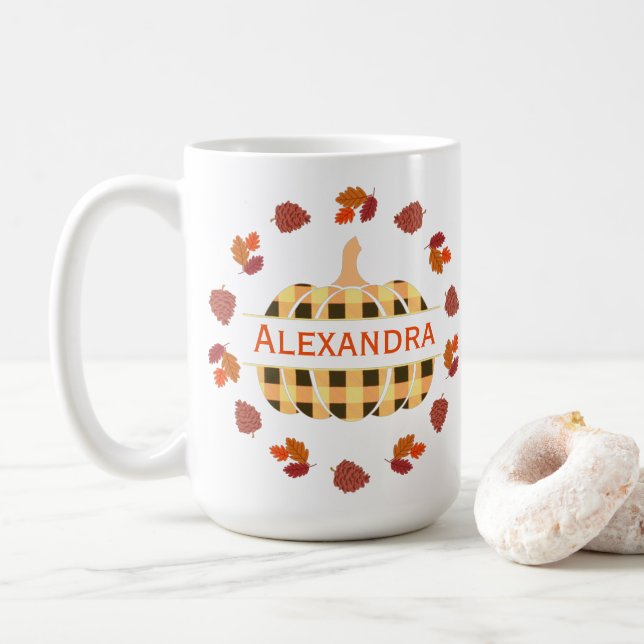 Plaid Pumpkin And Fall Leaves Combo Mug (With Donut)