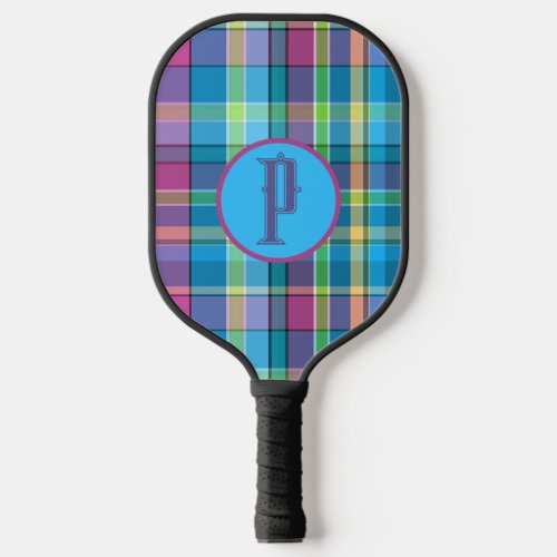 Plaid Purple Green Yellow Turquoise Personalized Pickleball Paddle
