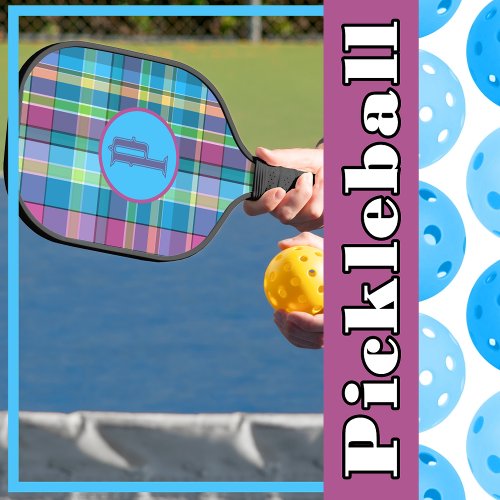 Plaid Purple Green Yellow Turquoise Personalized Pickleball Paddle