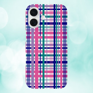 Plaid Purple Pink Teal Navy Blue Pattern iPhone 16 Case