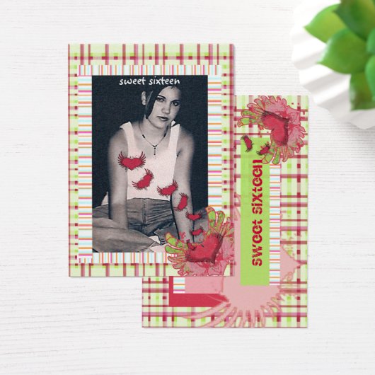 Plaid Raspberry Sweet 16 Birthday Photo Cards (Desk)