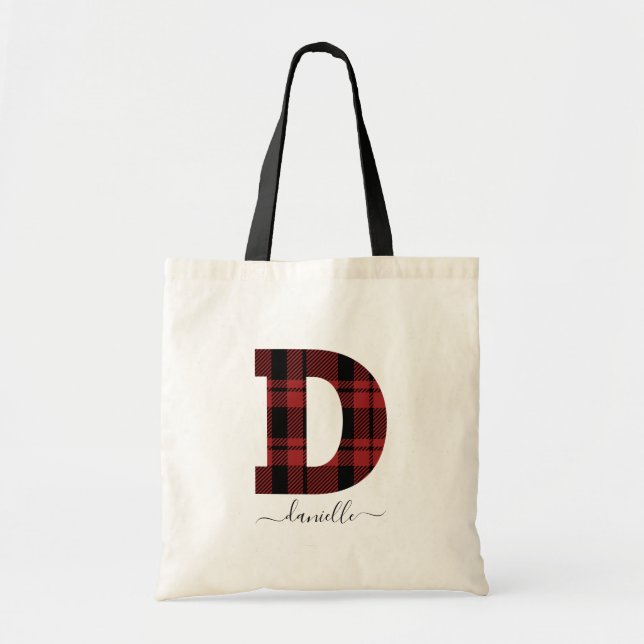 Plaid Red and Black Monogram Letter "D" Tote Bag (Front)