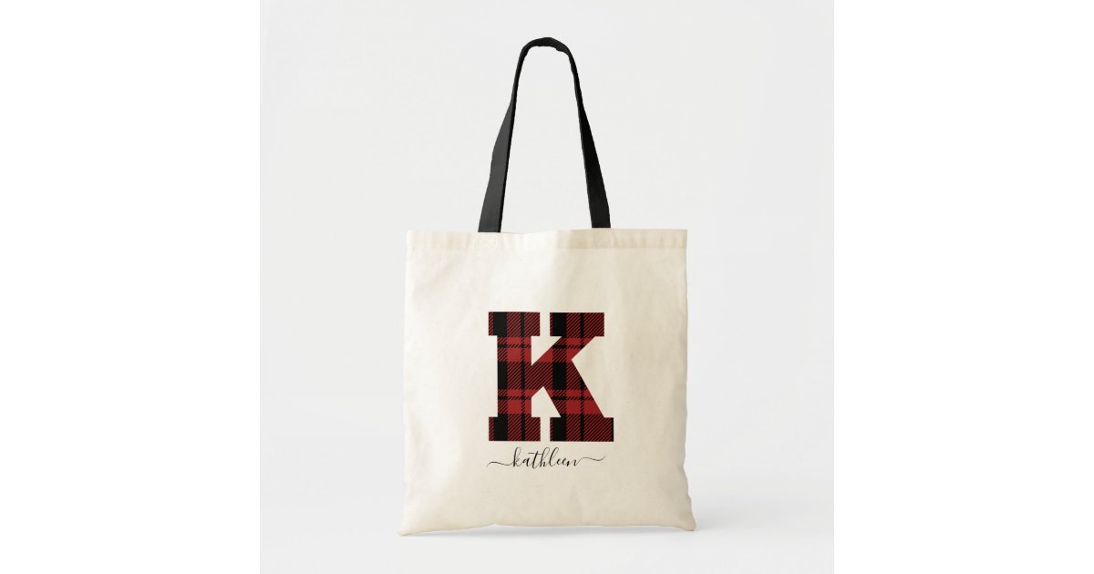 Plaid Red And Black Monogram Letter K Tote Bag Zazzle Com
