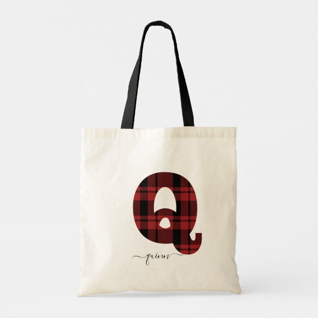 Plaid Red and Black Monogram Letter "Q” Tote Bag (Back)