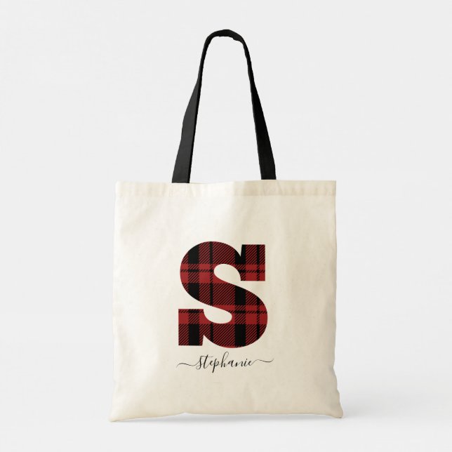Plaid Red and Black Monogram Letter "S” Tote Bag (Back)