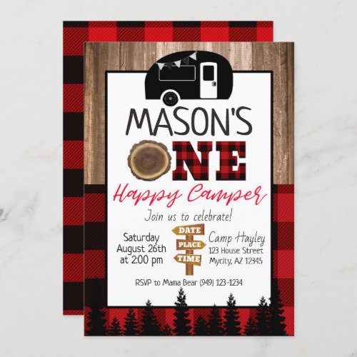 Plaid red and black One Happy Camper Boys Camping Invitation