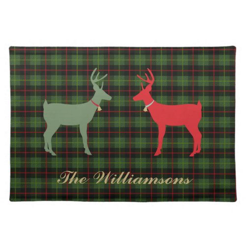 Plaid Red and Green Reindeer Tray with Name Cloth Placemat