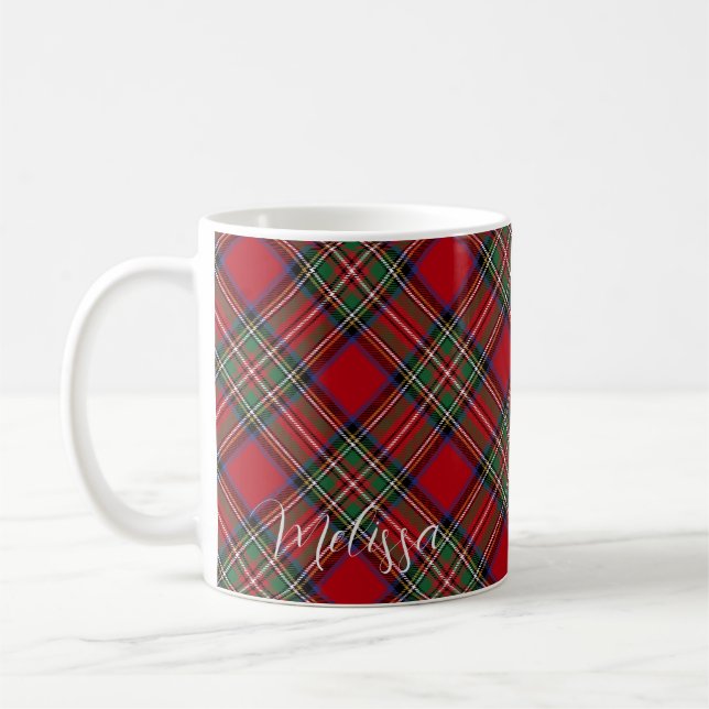 Plaid Red and Green Rustic Monogram Tartan Coffee Mug (Left)