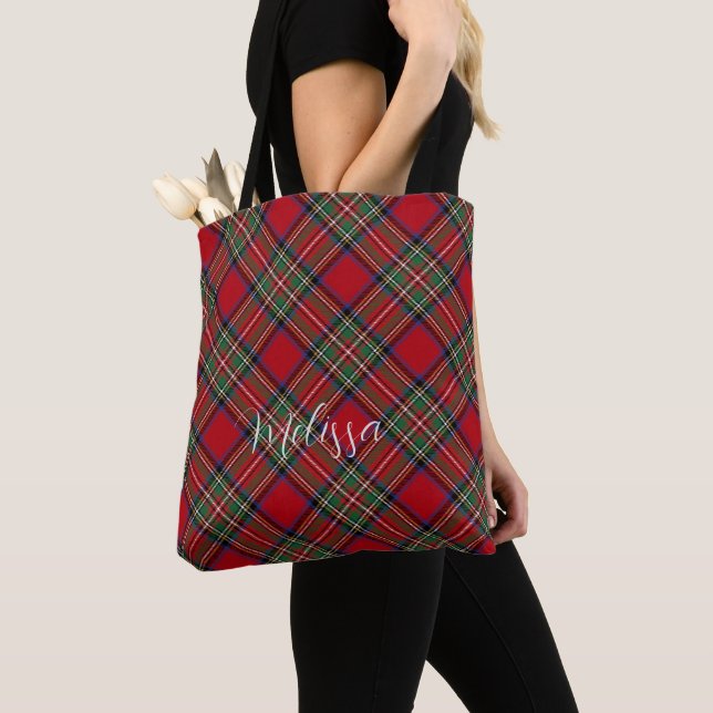 Plaid Red and Green Rustic Personalized Tartan Tote Bag (Close Up)