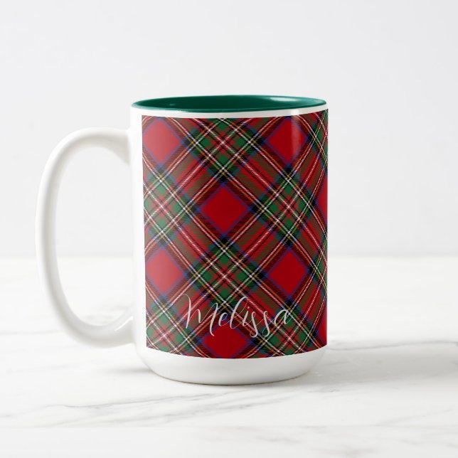 Plaid Red and Green Rustic Script Tartan Two-Tone Coffee Mug (Left)