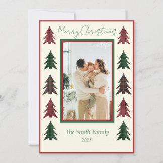 Plaid Red and Green Snowflakes & Christmas Trees Holiday Card