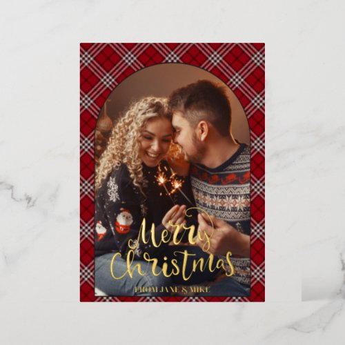 Plaid Red Arch Merry Christmas Photo Postcard