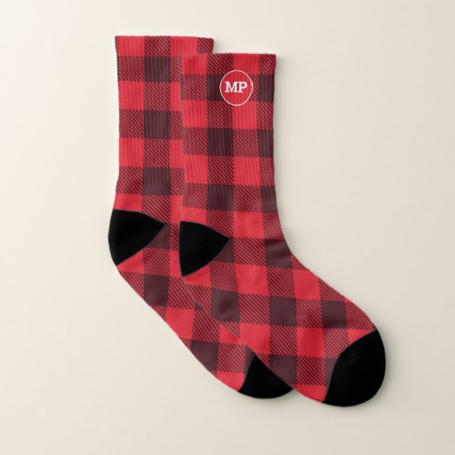 Plaid Red Black Check Initials Socks