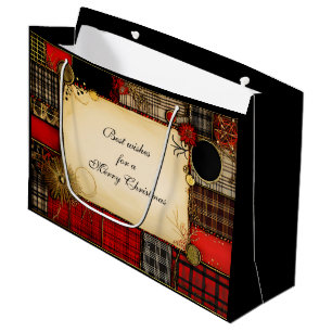 Plaid Red Black Gold Christmas Greeting Large Gift Bag