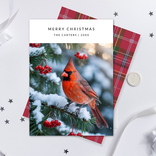 Plaid Red Cardinal Merry Christmas Bird Photo Holi Holiday Card (Creator Uploaded)