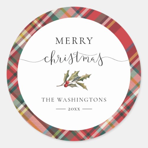 Plaid Red Check Elegant Merry Christmas Farmhouse Classic Round Sticker