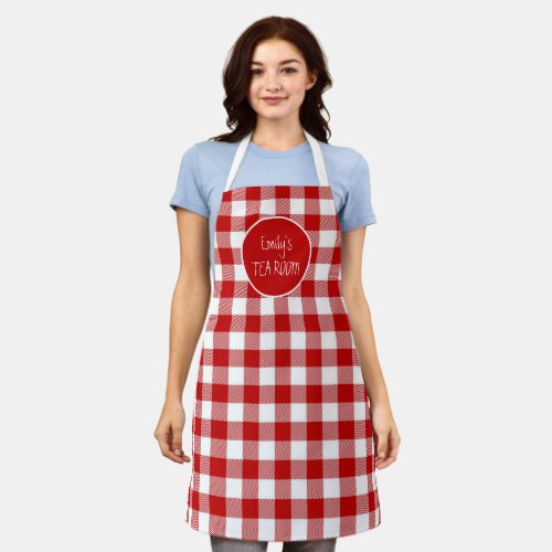 Plaid Red Check Pattern Name Tea Room Business Apron
