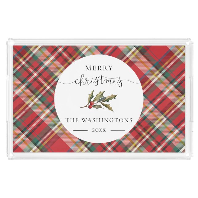 Plaid Red Check Rustic Merry Christmas Farmhouse Acrylic Tray (Front)