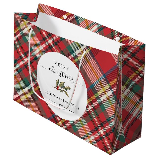 Plaid Red Check Rustic Merry Christmas Farmhouse Large Gift Bag (Front Angled)