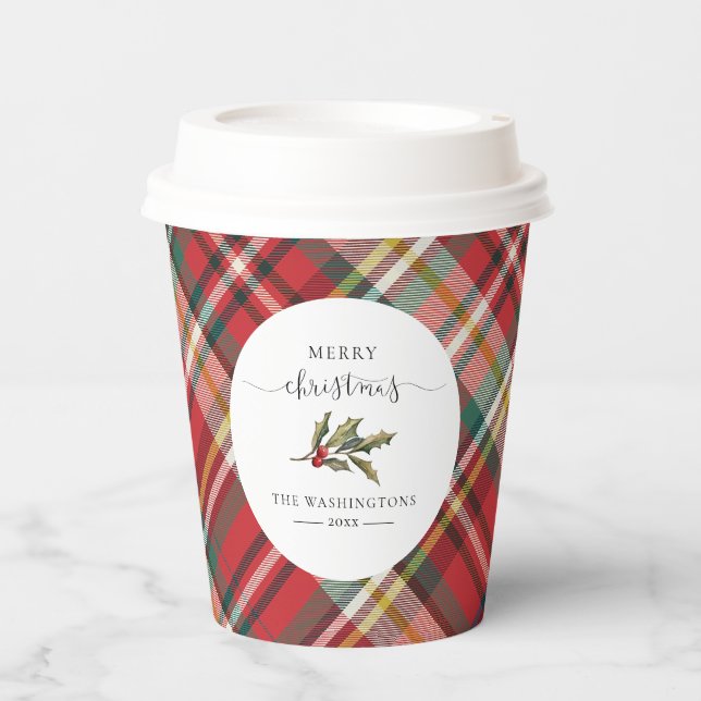 Plaid Red Check Rustic Merry Christmas Farmhouse Paper Cups (Front)