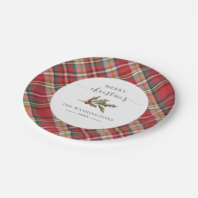 Plaid Red Check Rustic Merry Christmas Farmhouse Paper Plates (Angled)