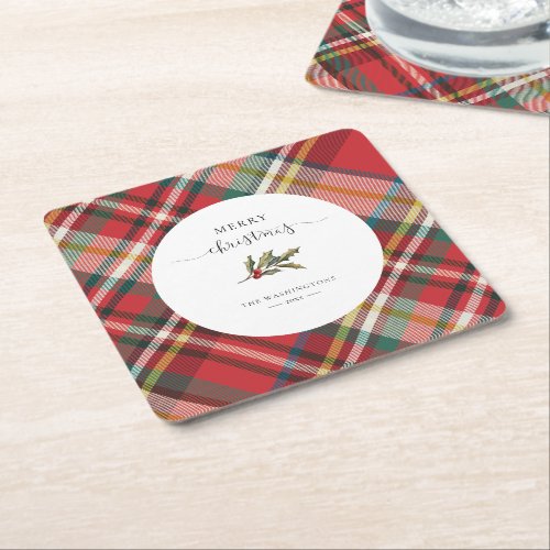 Plaid Red Check Rustic Merry Christmas Farmhouse Square Paper Coaster