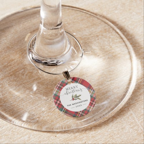 Plaid Red Check Rustic Merry Christmas Farmhouse Wine Charm