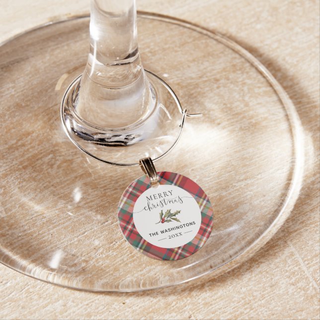 Plaid Red Check Rustic Merry Christmas Farmhouse Wine Charm (In Situ)