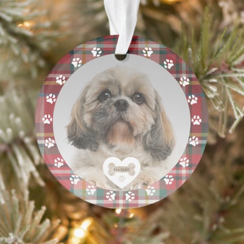 Plaid Red Check Shih Tzu Dog Pet Photo Christmas Ornament