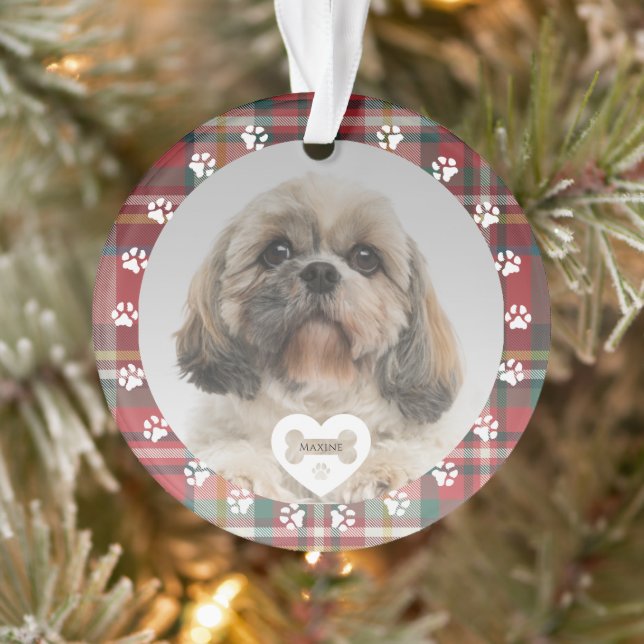 Plaid Red Check Shih Tzu Dog Pet Photo Christmas Ornament (Tree)