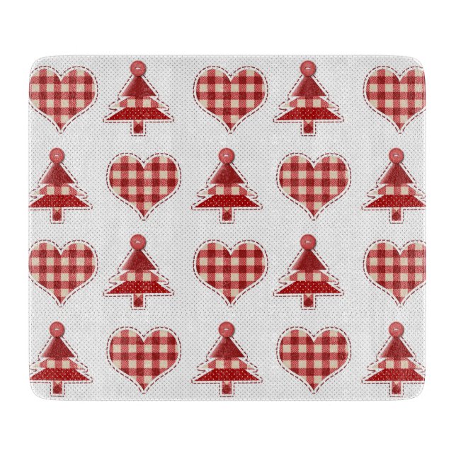 Plaid Red Christmas Trees and Hearts Pattern Cutting Board (Front)