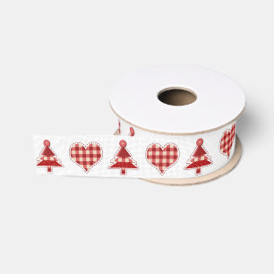 Plaid Red Christmas Trees and Hearts Pattern Grosgrain Ribbon