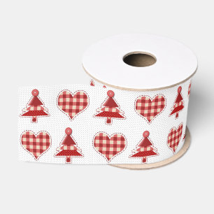 Plaid Red Christmas Trees and Hearts Pattern Grosgrain Ribbon