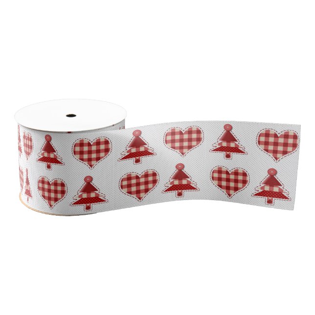 Plaid Red Christmas Trees and Hearts Pattern Grosgrain Ribbon (Spool)