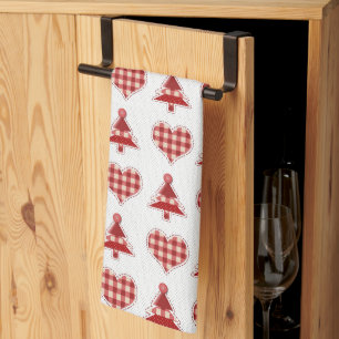 Plaid Red Christmas Trees and Hearts Pattern Kitchen Towel
