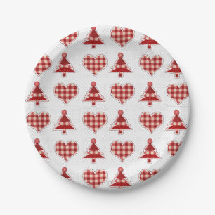 Plaid Red Christmas Trees and Hearts Pattern Paper Plates