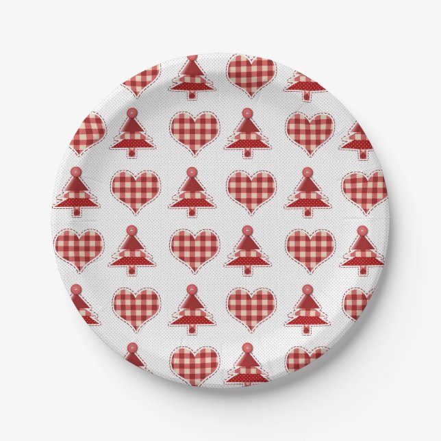 Plaid Red Christmas Trees and Hearts Pattern Paper Plates (Front)
