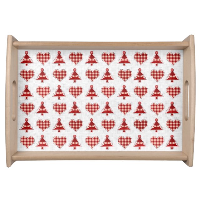 Plaid Red Christmas Trees and Hearts Pattern Serving Tray (Front)