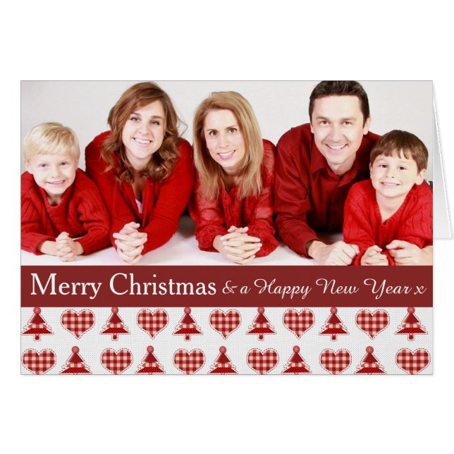 Plaid Red Christmas Trees Pattern Custom Photo Cards (Front Horizontal)