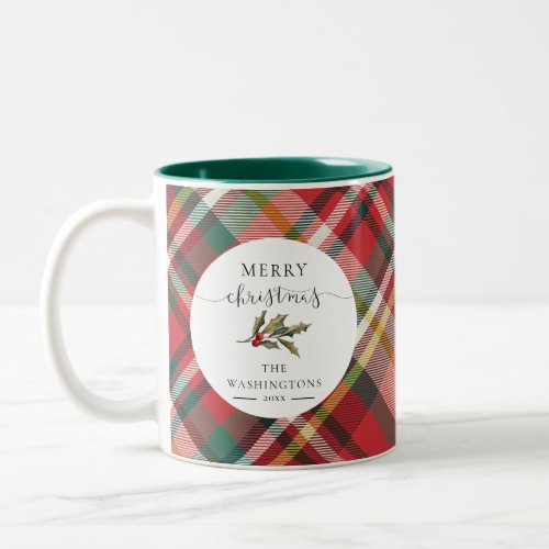 Plaid Red Elegant Merry Family Christmas Swag Two_Tone Coffee Mug