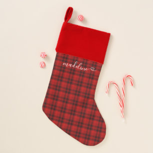 Plaid Red Elegant Script Name Heart Christmas Stocking