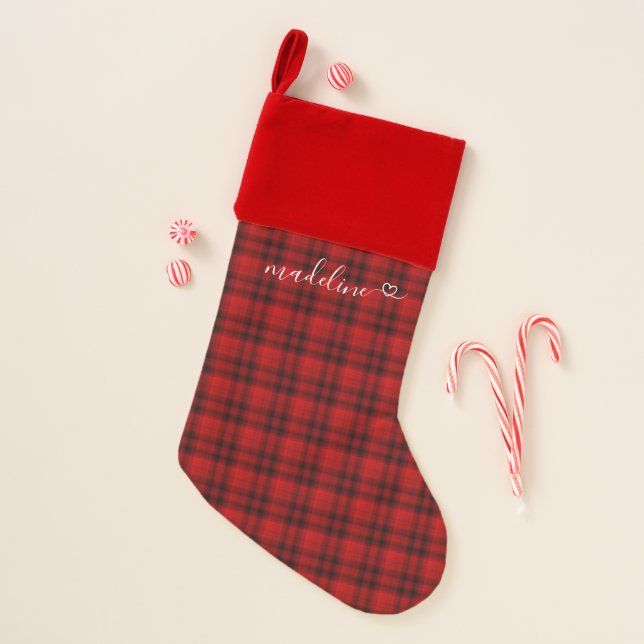 Plaid Red Elegant Script Name Heart Christmas Stocking (Front)