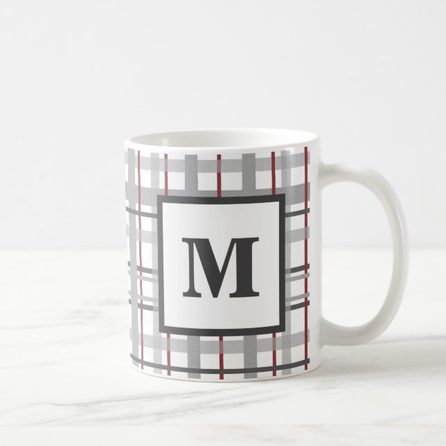 Plaid Red Gray Silver Monogram Coffee Mug (Right)